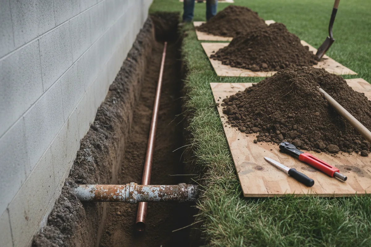 Excavated water line trench during Water Heater Repair in Malvern